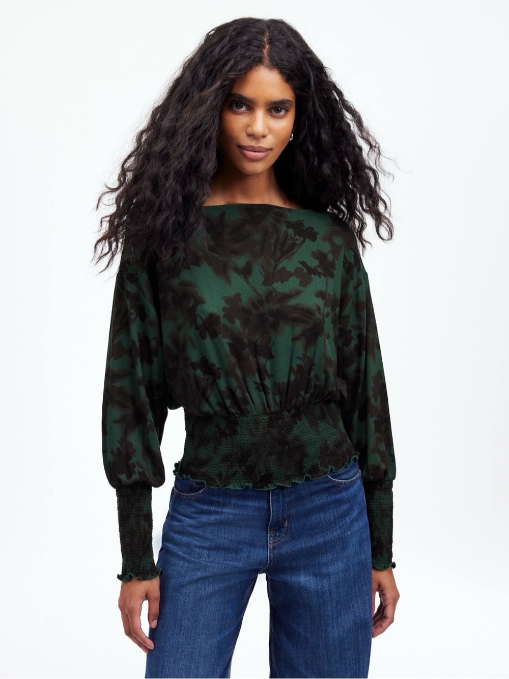 Madewell Forrest Green Floral Cinched Long-Sleeve Top XSmall